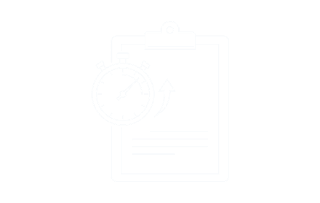 A stopwatch and an upward arrow over a clipboard holding a quote